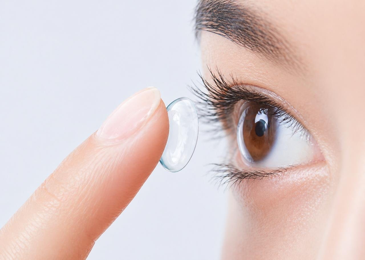 Lente de contacto sobre el dedo, cerca del ojo